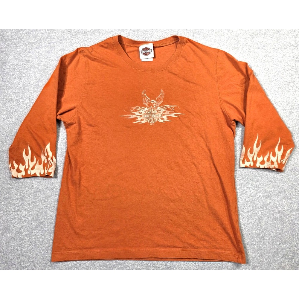 Harley Davidson Vintage Shirt Womens XL Orange 3/4 Sleeve Flame Gettysburg Eagle